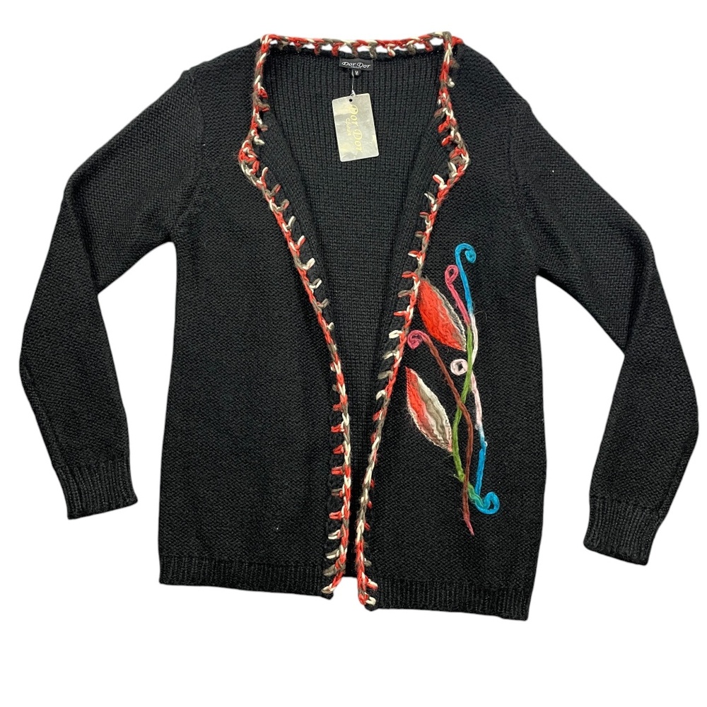 Dor Dor Couture Medium Black Open Front Sweater Embroidered Acrylic Fall Festive